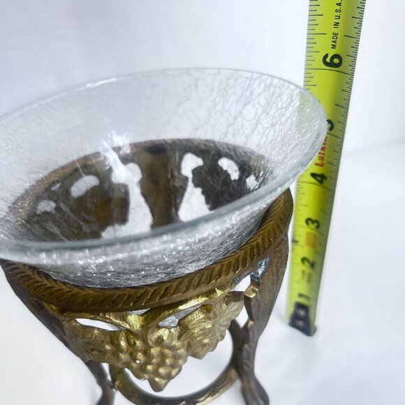 Vtg Brass & Crackle Glass Candlel Holder Vase Compote Bowl Grape Motif Design ** - Picture 5 of 13
